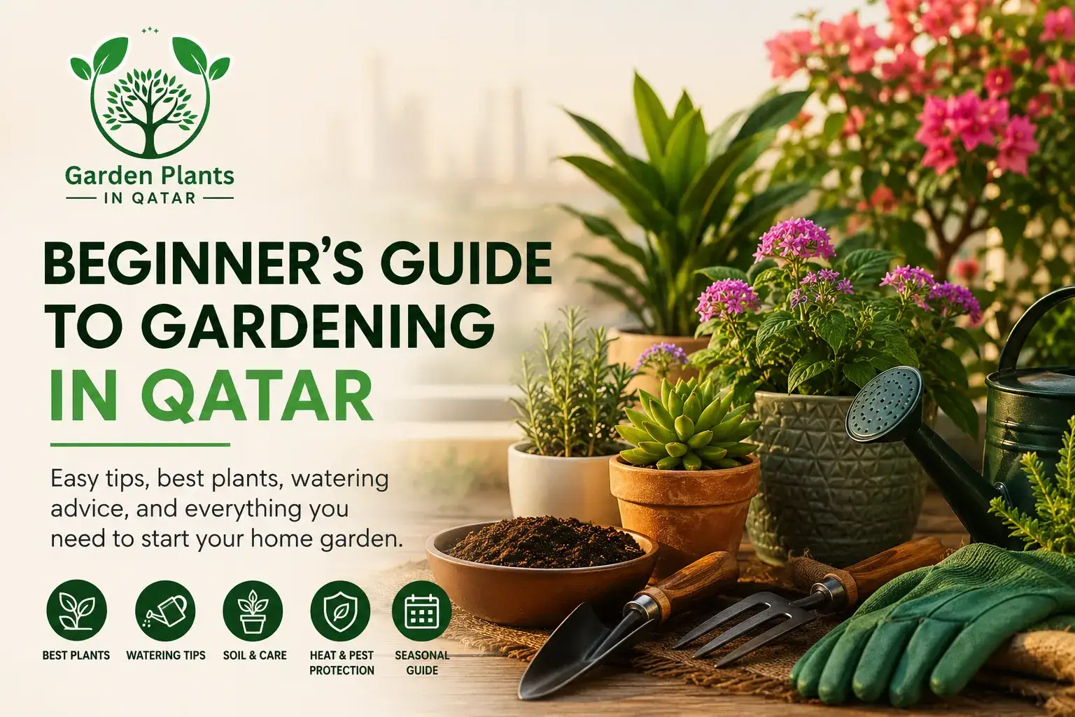 Beginner’s guide to gardening in Qatar with garden plants, flowers, tools, and watering equipment
