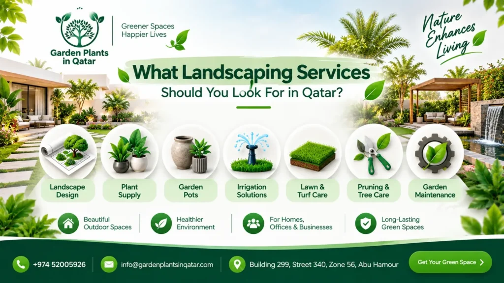 Garden Plants in Qatar landscaping services infographic featuring 3D icons for landscape design, plant supply, garden pots, irrigation solutions, lawn and turf care, pruning, tree care, and garden maintenance, designed for villas, offices, businesses, and outdoor spaces across Qatar to help you choose the best landscaping company.